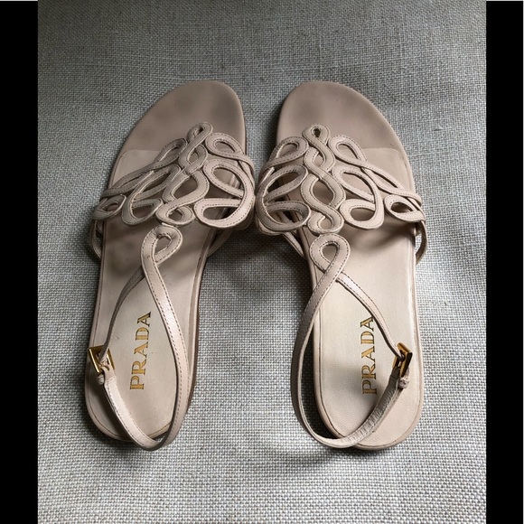 Prada Sandals Strappy Ankle Strap Nude Flat Buckle
